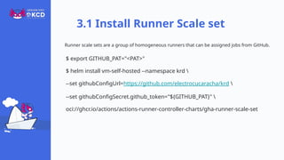Runner scale sets are a group of homogeneous runners that can be assigned jobs from GitHub.
3.1 Install Runner Scale set
$ export GITHUB_PAT="<PAT>"
$ helm install vm-self-hosted --namespace krd 
--set githubConfigUrl=https://github.com/electrocucaracha/krd 
--set githubConfigSecret.github_token="${GITHUB_PAT}" 
oci://ghcr.io/actions/actions-runner-controller-charts/gha-runner-scale-set
 