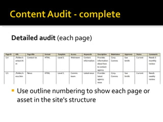 Detailed audit  (each page) Use outline numbering to show each page or asset in the site's structure 