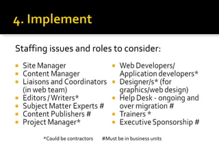 *Could be contractors  #Must be in business units Staffing issues and roles to consider: 