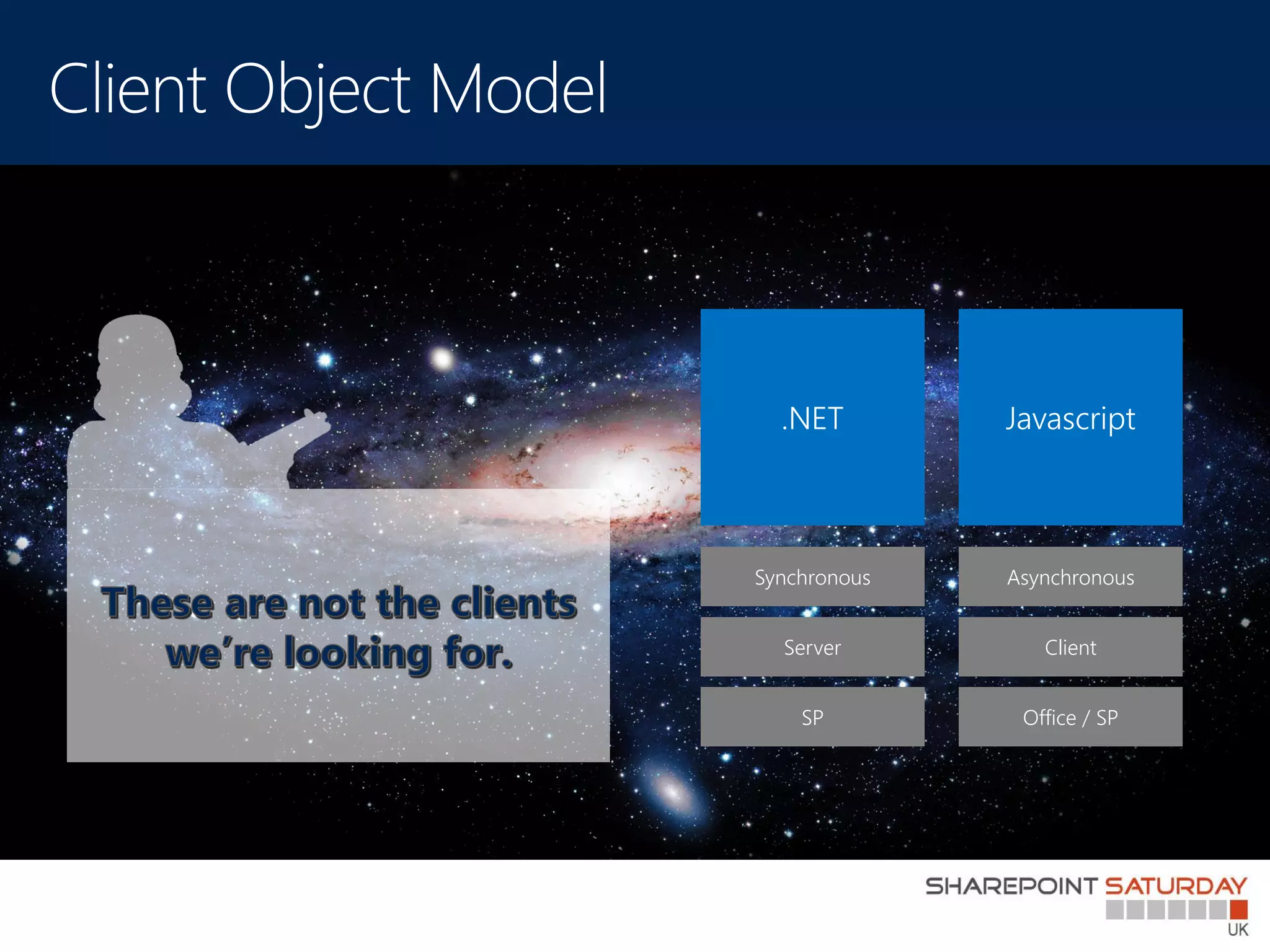 .NET        Javascript



Synchronous   Asynchronous


  Server         Client


    SP         Office / SP
 