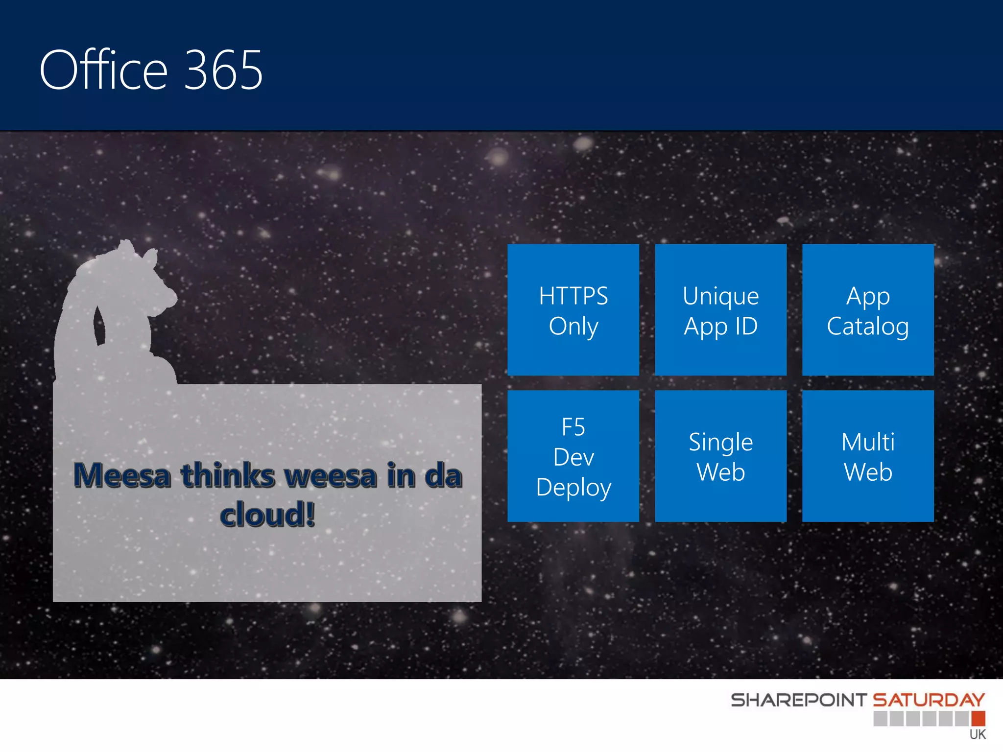 HTTPS    Unique    App
 Only    App ID   Catalog



  F5
         Single    Multi
 Dev
          Web      Web
Deploy
 