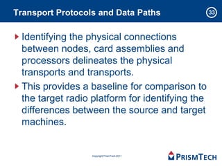 Transport Protocols and Data Paths               33



 Identifying the physical connections
 between nodes, card assemblies and
 processors delineates the physical
 transports and transports.
 This provides a baseline for comparison to
 the target radio platform for identifying the
 differences between the source and target
 machines.


                  Copyright PrismTech 2011
 