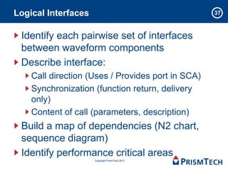 Logical Interfaces                                 37



 Identify each pairwise set of interfaces
 between waveform components
 Describe interface:
    Call direction (Uses / Provides port in SCA)
    Synchronization (function return, delivery
    only)
    Content of call (parameters, description)
 Build a map of dependencies (N2 chart,
 sequence diagram)
 Identify performance critical areas
                     Copyright PrismTech 2011
 