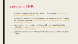 4 phases of MMC
1. A period of smooth muscle inactivity lasting 45 to 60 minutes.(there are only
action potentials and contractions.)
2. A period of 30 minutes in which peristaltic contractions occur and progressively
and increase in frequency. (Peristalsis originates in the stomach and propagates
through the small intestine.)
3. A phase lasting 5 to 15 minutes in which, rapid & evenly spaced peristaltic
contractions occur. (The pylorus remains open and allows indigestible materials
to pass into the small intestine.)
4. A period of transition between the contractions in phase 3 and the inactivity of
phase 1.
 