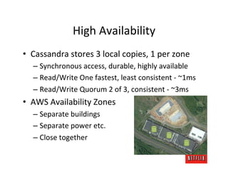 High	
  Availability	
  
•  Cassandra	
  stores	
  3	
  local	
  copies,	
  1	
  per	
  zone	
  
       –  Synchronous	
  ...