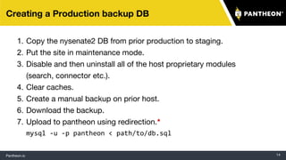 Pantheon.io 14
Creating a Production backup DB
1. Copy the nysenate2 DB from prior production to staging.
2. Put the site in maintenance mode.
3. Disable and then uninstall all of the host proprietary modules
(search, connector etc.).
4. Clear caches.
5. Create a manual backup on prior host.
6. Download the backup.
7. Upload to pantheon using redirection.*
mysql -u -p pantheon < path/to/db.sql
 