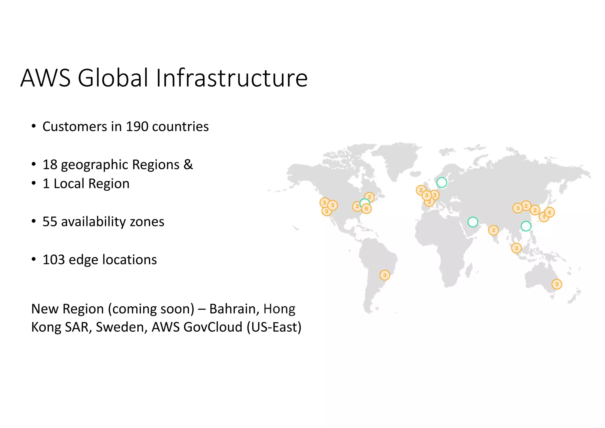 AWS Global Infrastructure • Customers in 190 countries • 18 geographic Regions & • 1 Local Region • 55 availability zones • 103 edge locations New Region (coming soon) – Bahrain, Hong Kong SAR, Sweden, AWS GovCloud (US-East) 