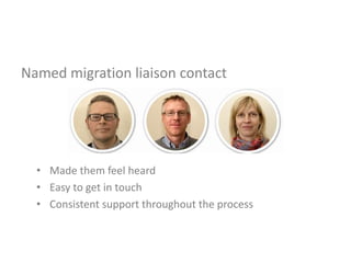 Named migration liaison contact
• Made them feel heard
• Easy to get in touch
• Consistent support throughout the process
 