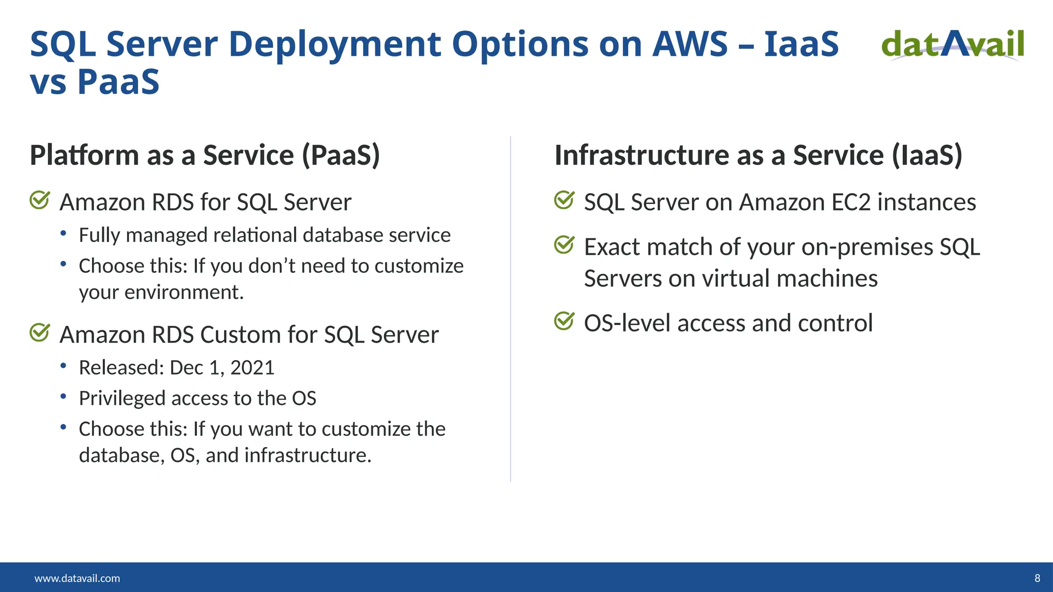 www.datavail.com 8 Platform as a Service (PaaS) Amazon RDS for SQL Server • Fully managed relational database service • Choose this: If you don’t need to customize your environment. Amazon RDS Custom for SQL Server • Released: Dec 1, 2021 • Privileged access to the OS • Choose this: If you want to customize the database, OS, and infrastructure. Infrastructure as a Service (IaaS) SQL Server on Amazon EC2 instances Exact match of your on-premises SQL Servers on virtual machines OS-level access and control SQL Server Deployment Options on AWS – IaaS vs PaaS 