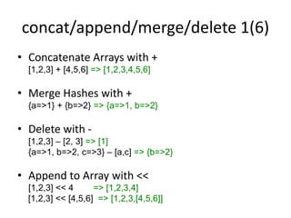 concat/append/merge/delete 1(6)
• Concatenate Arrays with +
[1,2,3] + [4,5,6] => [1,2,3,4,5,6]
• Merge Hashes with +
{a=>1} + {b=>2} => {a=>1, b=>2}
• Delete with -
[1,2,3] – [2, 3] => [1]
{a=>1, b=>2, c=>3} – [a,c] => {b=>2}
• Append to Array with <<
[1,2,3] << 4 => [1,2,3,4]
[1,2,3] << [4,5,6] => [1,2,3,[4,5,6]]
 