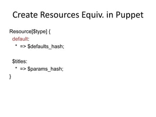Create Resources Equiv. in Puppet
Resource[$type] {
default:
* => $defaults_hash;
$titles:
* => $params_hash;
}
 