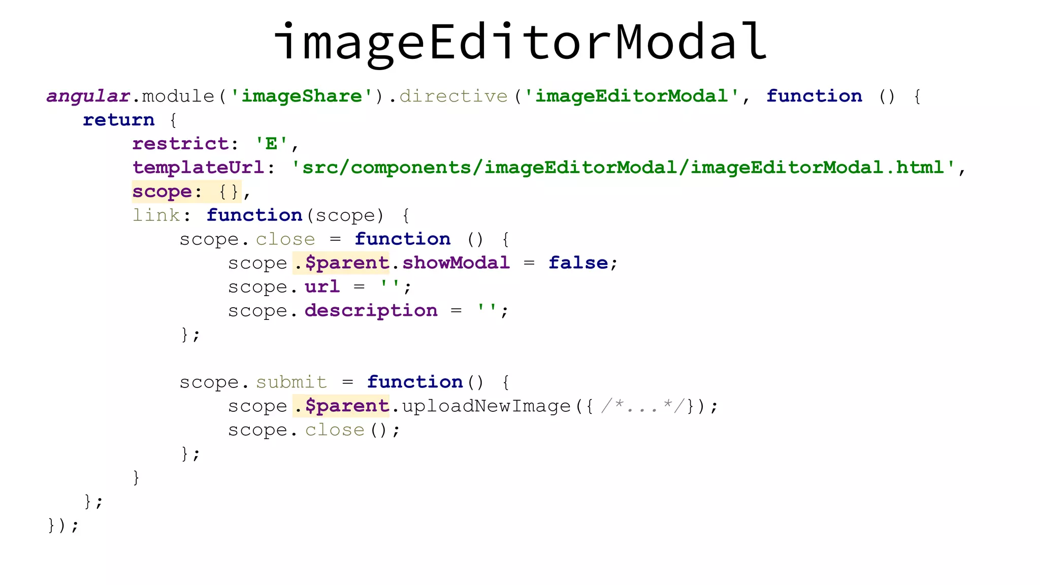 angular.module('imageShare').directive('imageEditorModal', function () { return { restrict: 'E', templateUrl: 'src/components/imageEditorModal/imageEditorModal.html', scope: {}, link: function(scope) { scope. close = function () { scope .$parent.showModal = false; scope. url = ''; scope. description = ''; }; scope. submit = function() { scope .$parent.uploadNewImage({ /*...*/}); scope. close(); }; } }; }); imageEditorModal 