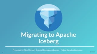 25127
Migrating to Apache
Iceberg
1
Presented by Alex Merced - Dremio Developer Advocate - Follow @amdatalakehouse
 