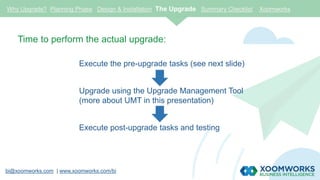 bi@xoomworks.com | www.xoomworks.com/bi
Time to perform the actual upgrade:
Execute the pre-upgrade tasks (see next slide)
Upgrade using the Upgrade Management Tool
(more about UMT in this presentation)
Execute post-upgrade tasks and testing
Why Upgrade? Planning Phase Design & Installation The Upgrade Summary Checklist Xoomworks
 