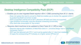 bi@xoomworks.com | www.xoomworks.com/bi
Desktop Intelligence Compatibility Pack (DCP)
 Enables you to view migrated DeskI reports in BI 4.1 CMS connecting from XI 3.1 clients
- Does not replace the need to convert to WebI but enables you to shorten the upgrade to BI 4.1
by postponing DeskI conversion to later
- DCP is supported until the end of 2017 (Windows XP/2003 and Vista not supported)
- Light Schedule functionality using the Windows scheduling functionality
- Only client-side consumption of .rep content
 Requires client machines to be updated to Client Tools XI 3.1 SP6 or later
- Requires side-by-side installation of WebI Rich Client 4.1, Universe Design Tool 4.1 and Report
Conversion Tool 4.1
- DCP was first delivered with FP 6.1 and must be applied after 4.1 client tool installation
- Or apply the corresponding FP if already on a higher version FP than 6.1
Why Upgrade? Planning Phase Design & Installation The Upgrade Summary Checklist Xoomworks
 