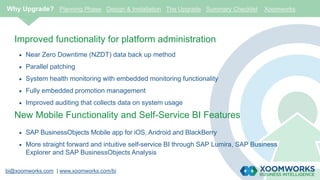 Improved functionality for platform administration
 Near Zero Downtime (NZDT) data back up method
 Parallel patching
 System health monitoring with embedded monitoring functionality
 Fully embedded promotion management
 Improved auditing that collects data on system usage
New Mobile Functionality and Self-Service BI Features
 SAP BusinessObjects Mobile app for iOS, Android and BlackBerry
 More straight forward and intuitive self-service BI through SAP Lumira, SAP Business
Explorer and SAP BusinessObjects Analysis
bi@xoomworks.com | www.xoomworks.com/bi
Why Upgrade? Planning Phase Design & Installation The Upgrade Summary Checklist Xoomworks
 