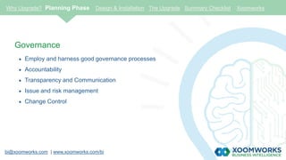 bi@xoomworks.com | www.xoomworks.com/bi
Governance
 Employ and harness good governance processes
 Accountability
 Transparency and Communication
 Issue and risk management
 Change Control
Why Upgrade? Planning Phase Design & Installation The Upgrade Summary Checklist Xoomworks
 