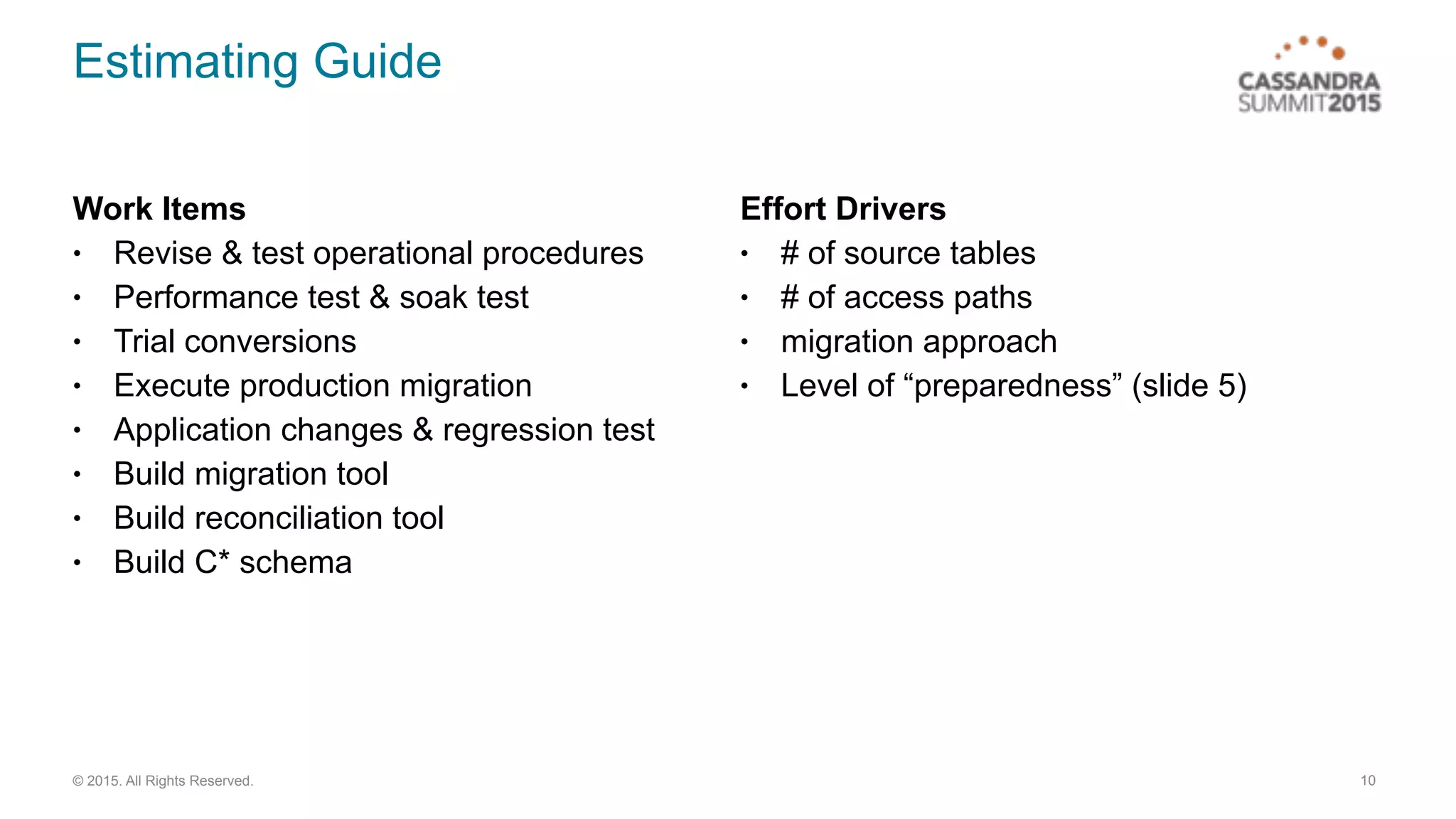 © 2015. All Rights Reserved.
Estimating Guide
Work Items
• Revise & test operational procedures
• Performance test & soak test
• Trial conversions
• Execute production migration
• Application changes & regression test
• Build migration tool
• Build reconciliation tool
• Build C* schema
Effort Drivers
• # of source tables
• # of access paths
• migration approach
• Level of “preparedness” (slide 5)
10
 