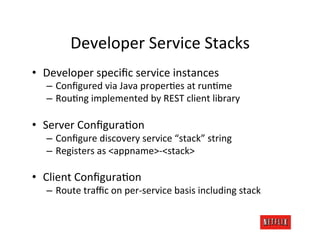 Developer	
  Service	
  Stacks	
  
•  Developer	
  speciﬁc	
  service	
  instances	
  
   –  Conﬁgured	
  via	
  Java	
  proper.es	
  at	
  run.me	
  
   –  Rou.ng	
  implemented	
  by	
  REST	
  client	
  library	
  

•  Server	
  Conﬁgura.on	
  
   –  Conﬁgure	
  discovery	
  service	
  “stack”	
  string	
  
   –  Registers	
  as	
  <appname>-­‐<stack>	
  

•  Client	
  Conﬁgura.on	
  
   –  Route	
  traﬃc	
  on	
  per-­‐service	
  basis	
  including	
  stack	
  
 