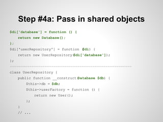 Step #4a: Pass in shared objects
$di['database'] = function () {
return new Database();
};
$di['userRepository'] = function (
$di) {
return new UserRepository(
$di['database']);
};
========================================================
class UserRepository {
public function __construct(
Database $db) {
$this->db = $db;
$this->userFactory = function () {
return new User();
};
}
// ...

 