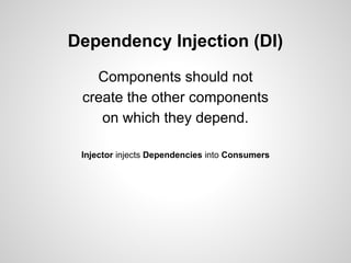 Dependency Injection (DI)
Components should not
create the other components
on which they depend.
Injector injects Dependencies into Consumers

 