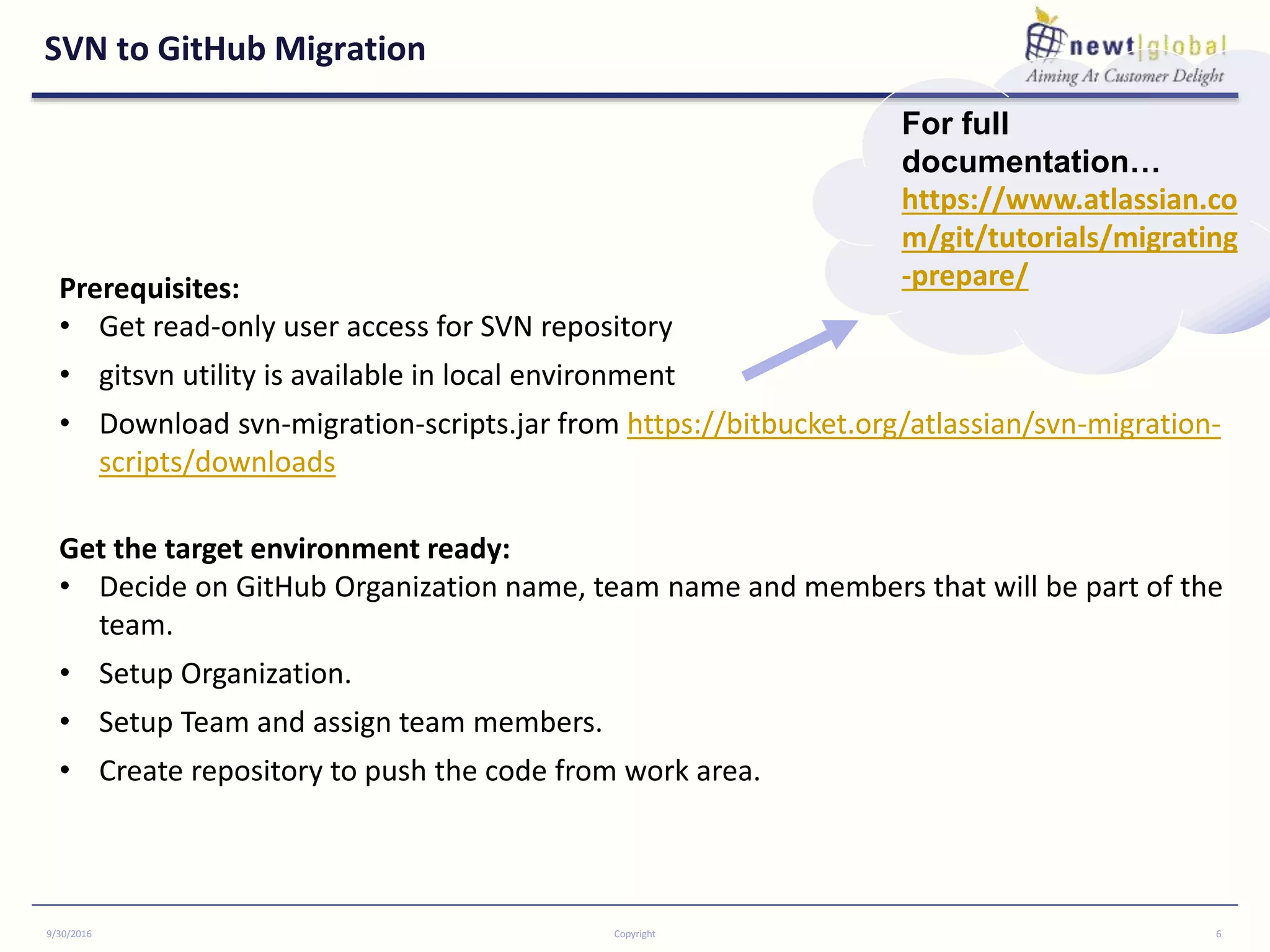 SVN to GitHub Migration
9/30/2016 Copyright 6
Prerequisites:
• Get read-only user access for SVN repository
• gitsvn utility is available in local environment
• Download svn-migration-scripts.jar from https://bitbucket.org/atlassian/svn-migration-
scripts/downloads
Get the target environment ready:
• Decide on GitHub Organization name, team name and members that will be part of the
team.
• Setup Organization.
• Setup Team and assign team members.
• Create repository to push the code from work area.
For full
documentation…
https://www.atlassian.co
m/git/tutorials/migrating
-prepare/
 