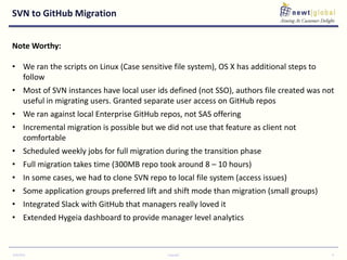 SVN to GitHub Migration
9/30/2016 Copyright 8
Note Worthy:
• We ran the scripts on Linux (Case sensitive file system), OS X has additional steps to
follow
• Most of SVN instances have local user ids defined (not SSO), authors file created was not
useful in migrating users. Granted separate user access on GitHub repos
• We ran against local Enterprise GitHub repos, not SAS offering
• Incremental migration is possible but we did not use that feature as client not
comfortable
• Scheduled weekly jobs for full migration during the transition phase
• Full migration takes time (300MB repo took around 8 – 10 hours)
• In some cases, we had to clone SVN repo to local file system (access issues)
• Some application groups preferred lift and shift mode than migration (small groups)
• Integrated Slack with GitHub that managers really loved it
• Extended Hygeia dashboard to provide manager level analytics
 