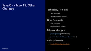 Java 8 -> Java 11: Other
Changes
15DEVNEXUS 2019
Technology Removal:
• Java Web Start
• JavaFX (separate product)
Other Removals:
• @jdk.Exported
• netdoc protocol handler
Behavior changes
• java.lang.Class.getAnnotation()
• java.nio.channels.DatagramChannel.send()
And much more…
• Oracle JDK 11 Migration Guide
 