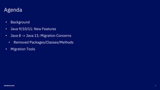 Agenda
2DEVNEXUS 2019
• Background
• Java 9/10/11: New Features
• Java 8 -> Java 11: Migration Concerns
• Removed Packages/Classes/Methods
• Migration Tools
 