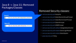 Java 8 -> Java 11: Removed
Packages/Classes
9DEVNEXUS 2019
Removed Security classes:
• com.sun.security.auth.PolicyFile
• com.sun.security.auth.SolarisNumericGroupPrincipal
• com.sun.security.auth.SolarisNumericUserPrincipal
• com.sun.security.auth.SolarisPrincipal
• com.sun.security.auth.X500Principal
• com.sun.security.auth.callback.DialogCallbackHandler
• com.sun.security.auth.module.SolarisLoginModule
• com.sun.security.auth.module.SolarisSystem
• javax.security.auth.Policy
Java 8
Java 11
 