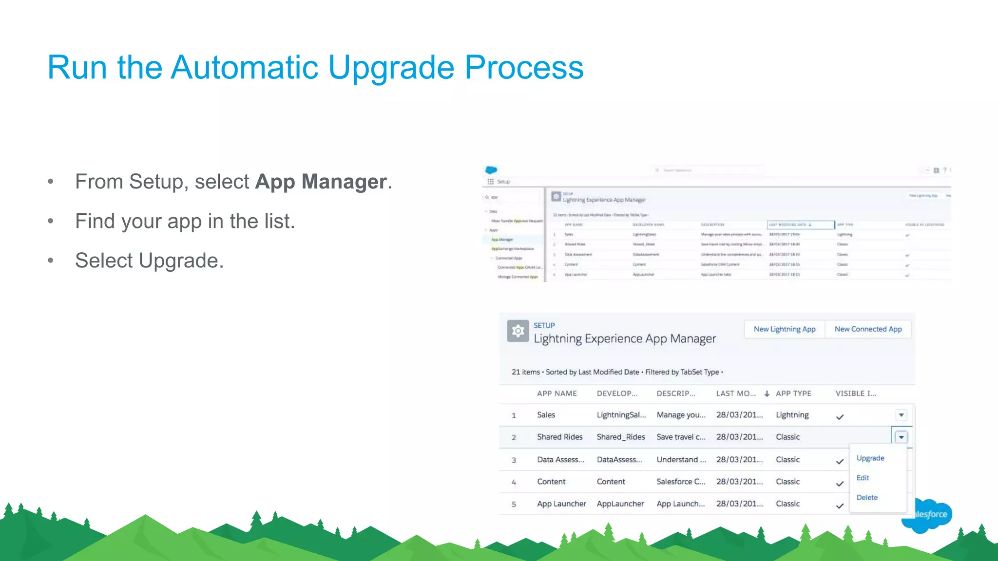 Run the Automatic Upgrade Process
• From Setup, select App Manager.
• Find your app in the list.
• Select Upgrade.
 