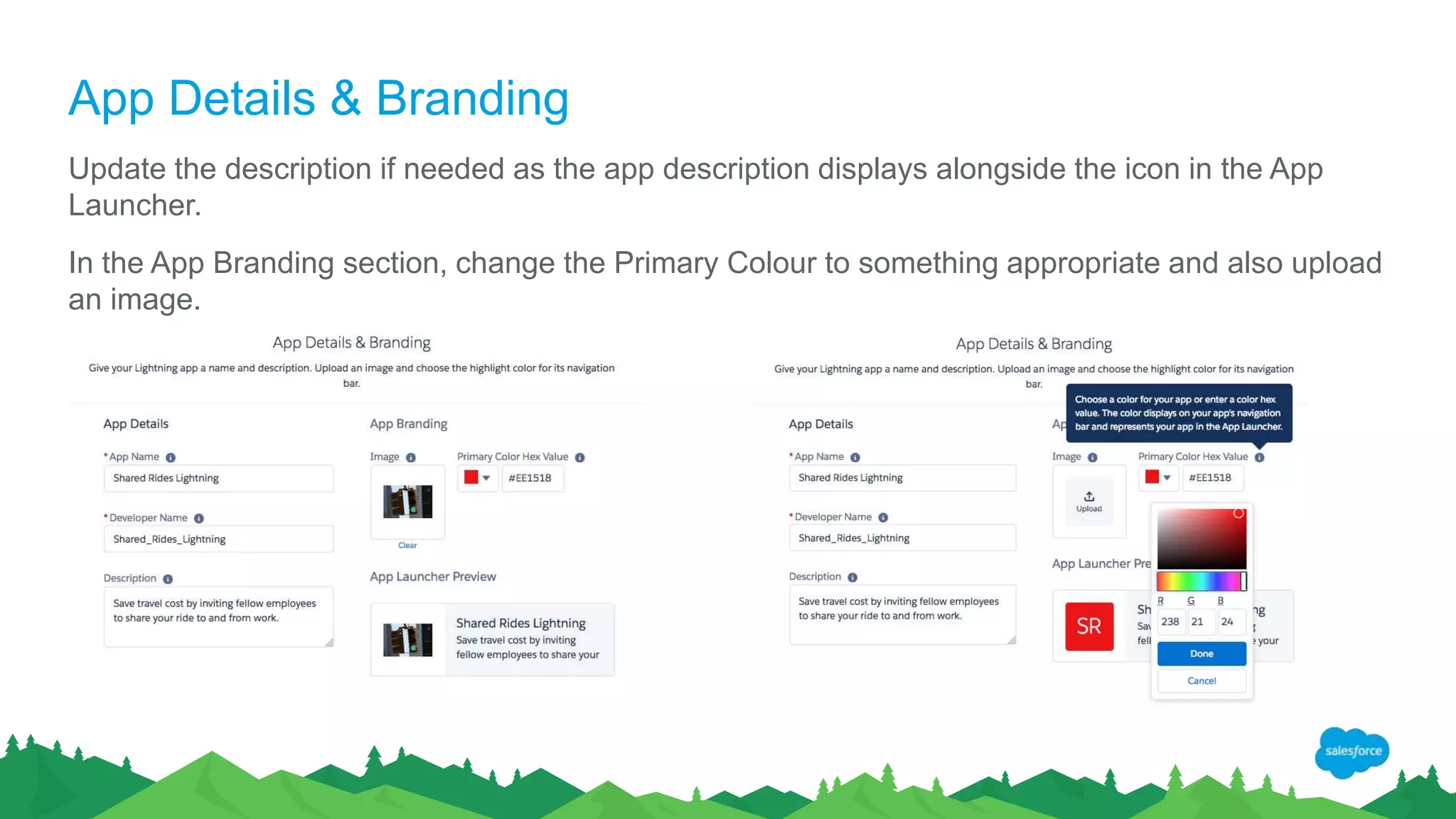 App Details & Branding
Update the description if needed as the app description displays alongside the icon in the App
Launcher.
In the App Branding section, change the Primary Colour to something appropriate and also upload
an image.
 