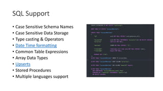 SQL Support
• Case Sensitive Schema Names
• Case Sensitive Data Storage
• Type casting & Operators
• Date Time formatting
• Common Table Expressions
• Array Data Types
• Upserts
• Stored Procedures
• Multiple languages support
 