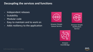 © 2019, Amazon Web Services, Inc. or its Affiliates.
Decoupling the services and functions
- Independent releases
- Scalability
- Modular code
- Easy to maintain and to work on
- Adds resiliency to the application Amazon Simple
Notification
Service
Amazon Simple
Queue Service
Amazon
EventBridge
 