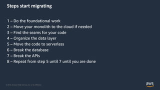 © 2019, Amazon Web Services, Inc. or its Affiliates.
Steps start migrating
1 – Do the foundational work
2 – Move your monolith to the cloud if needed
3 – Find the seams for your code
4 – Organize the data layer
5 – Move the code to serverless
6 – Break the database
7 – Break the APIs
8 – Repeat from step 5 until 7 until you are done
 