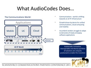 What AudioCodes Does…ApplicationsCloudMobileUCCommunications - world is shifting towards an all IP infrastructure