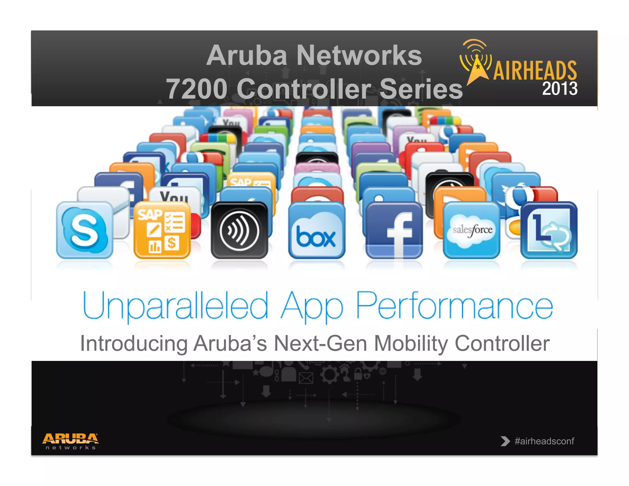 CONFIDENTIAL
© Copyright 2013. Aruba Networks, Inc.
All rights reserved 3 #airheadsconf#airheadsconf
Introducing Aruba’s Next-Gen Mobility Controller
Aruba Networks
7200 Controller Series
 