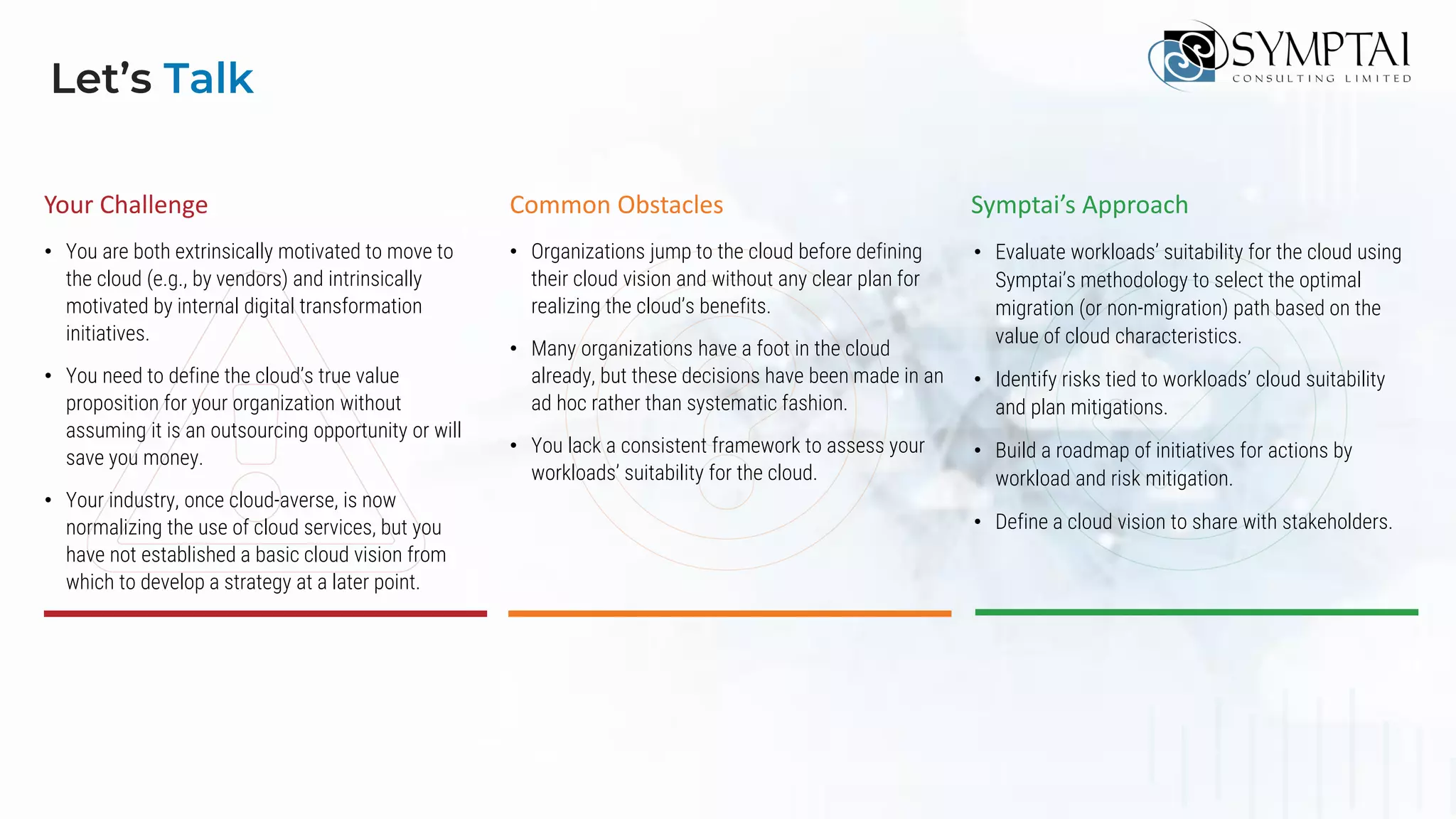 Your Challenge Common Obstacles Symptai’s Approach
• You are both extrinsically motivated to move to
the cloud (e.g., by vendors) and intrinsically
motivated by internal digital transformation
initiatives.
• You need to define the cloud’s true value
proposition for your organization without
assuming it is an outsourcing opportunity or will
save you money.
• Your industry, once cloud-averse, is now
normalizing the use of cloud services, but you
have not established a basic cloud vision from
which to develop a strategy at a later point.
• Organizations jump to the cloud before defining
their cloud vision and without any clear plan for
realizing the cloud’s benefits.
• Many organizations have a foot in the cloud
already, but these decisions have been made in an
ad hoc rather than systematic fashion.
• You lack a consistent framework to assess your
workloads’ suitability for the cloud.
• Evaluate workloads’ suitability for the cloud using
Symptai’s methodology to select the optimal
migration (or non-migration) path based on the
value of cloud characteristics.
• Identify risks tied to workloads’ cloud suitability
and plan mitigations.
• Build a roadmap of initiatives for actions by
workload and risk mitigation.
• Define a cloud vision to share with stakeholders.
Let’s Talk
 