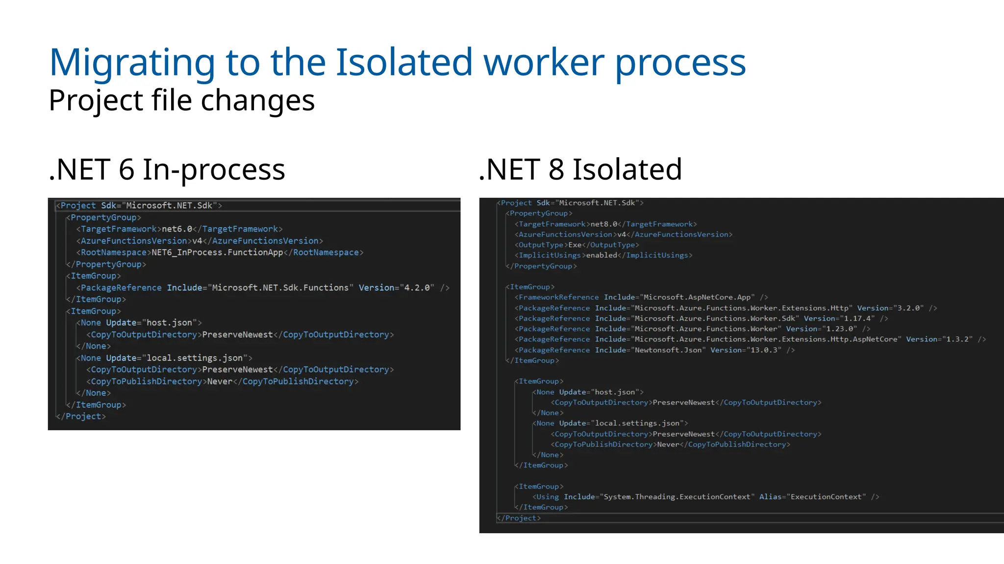 Migrating to the Isolated worker process
.NET 6 In-process .NET 8 Isolated
Project file changes
 