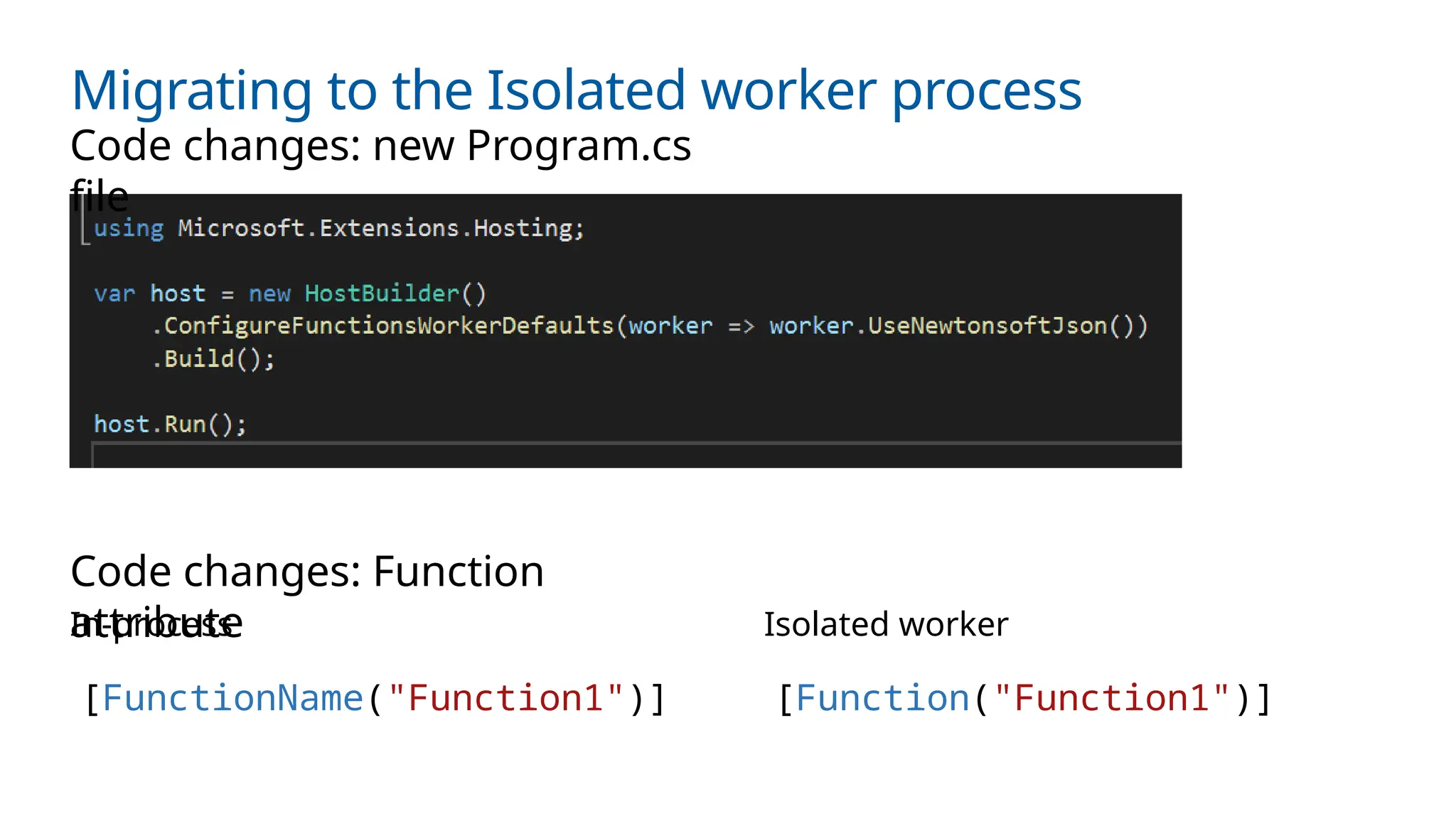 Migrating to the Isolated worker process
Code changes: new Program.cs
file
In-process Isolated worker
[FunctionName("Function1")] [Function("Function1")]
Code changes: Function
attribute
 