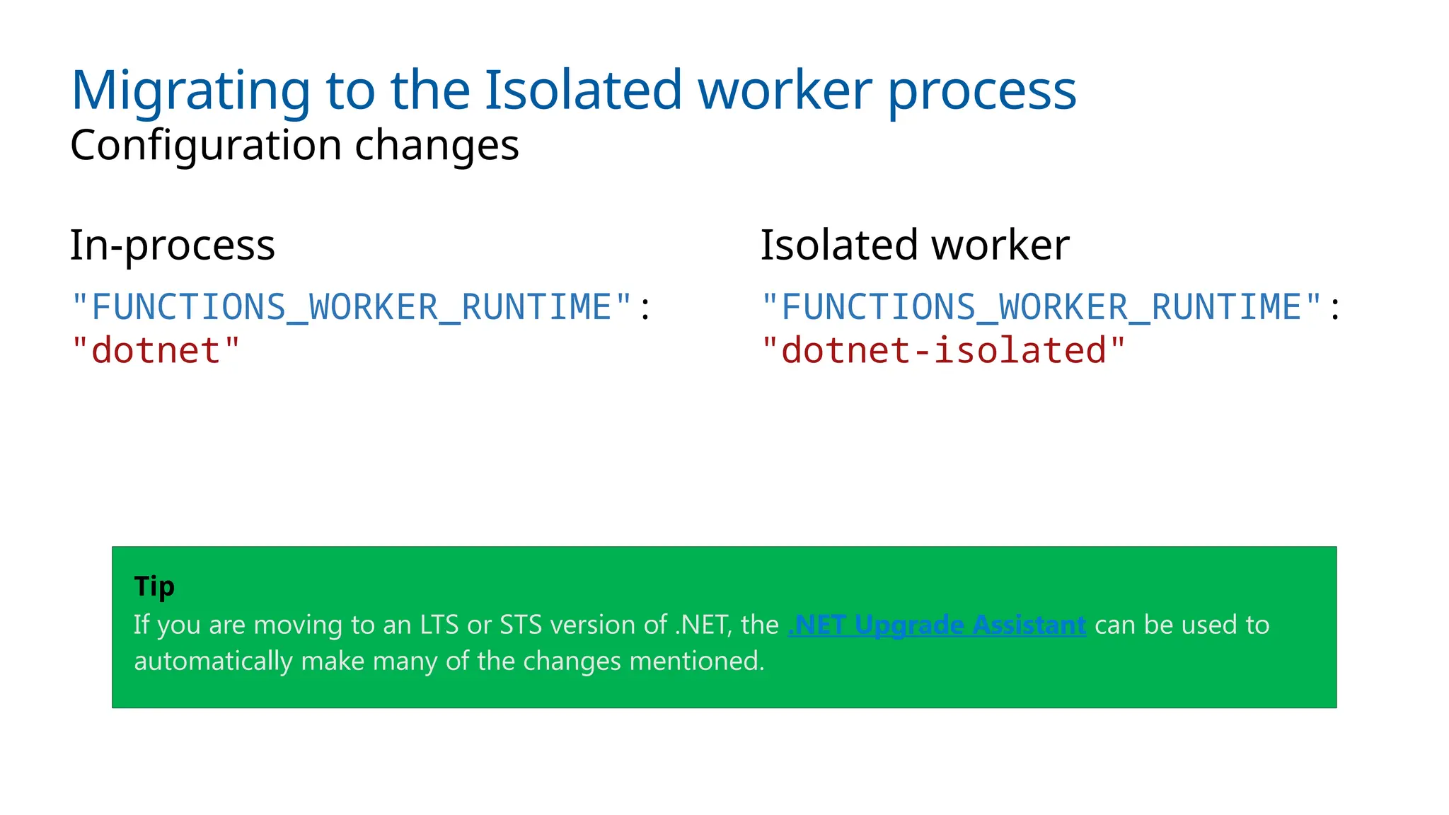 Migrating to the Isolated worker process
In-process Isolated worker
Configuration changes
"FUNCTIONS_WORKER_RUNTIME":
"dotnet"
"FUNCTIONS_WORKER_RUNTIME":
"dotnet-isolated"
Tip
If you are moving to an LTS or STS version of .NET, the .NET Upgrade Assistant can be used to
automatically make many of the changes mentioned.
 