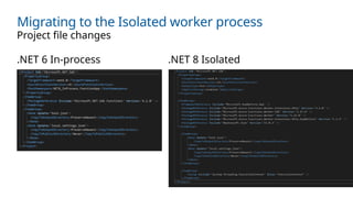 Migrating to the Isolated worker process
.NET 6 In-process .NET 8 Isolated
Project file changes
 