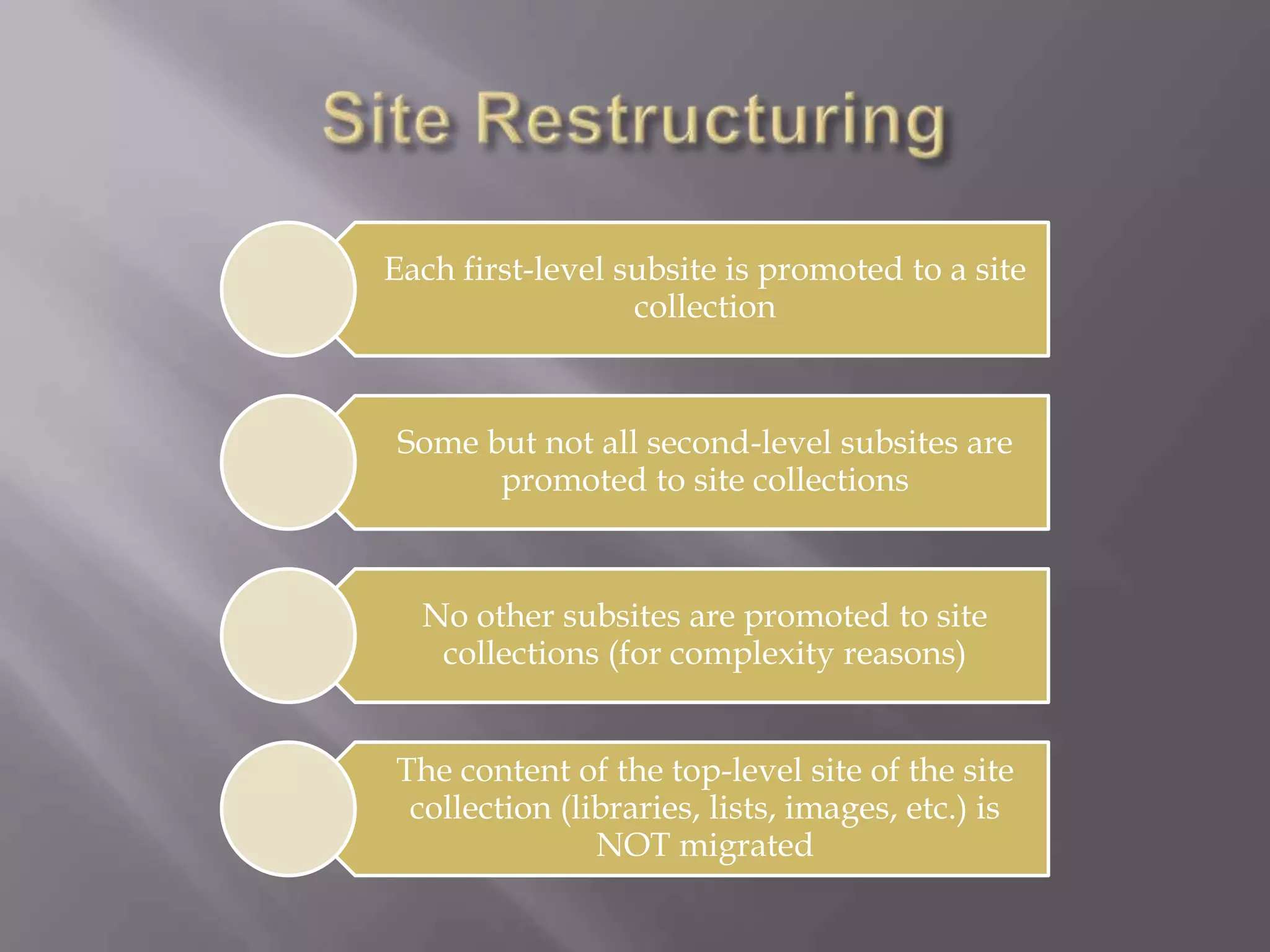 Each first-level subsite is promoted to a site
collection
Some but not all second-level subsites are
promoted to site collections
No other subsites are promoted to site
collections (for complexity reasons)
The content of the top-level site of the site
collection (libraries, lists, images, etc.) is
NOT migrated
 
