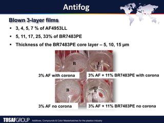Additives, Compounds & Color Masterbatches for the plastics industry
Blown 3-layer films
Antifog
 3, 4, 5, 7 % of AF4953LL
 5, 11, 17, 25, 33% of BR7483PE
 Thickness of the BR7483PE core layer – 5, 10, 15 µm
3% AF + 11% BR7483PE with corona
3% AF + 11% BR7483PE no corona
3% AF no corona
3% AF with corona
E
E
B
B
 
