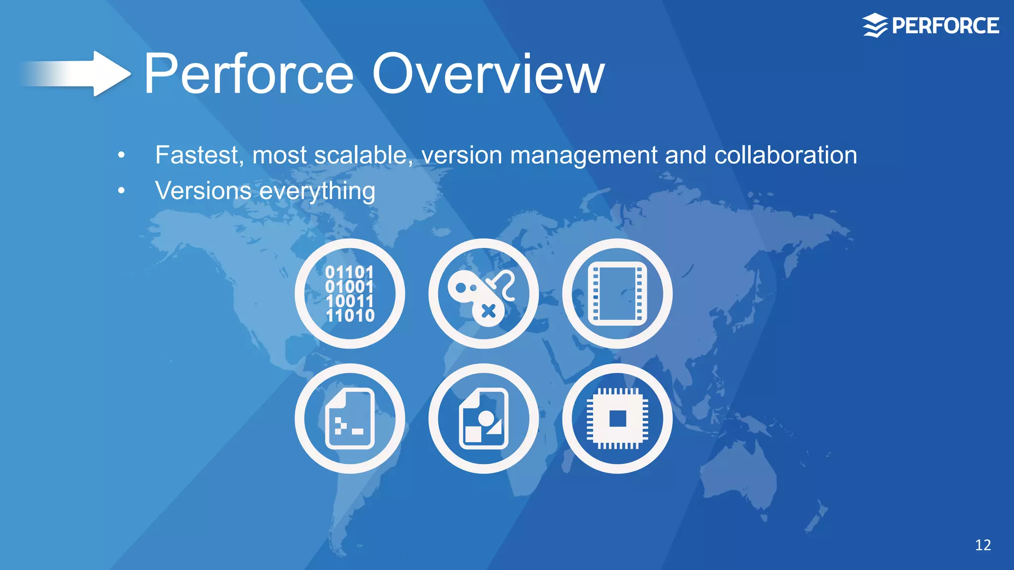 Perforce Overview
•  Fastest, most scalable, version management and collaboration
•  Versions everything
12	
  
 