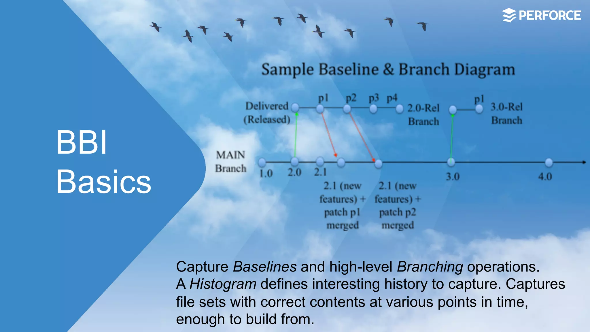 BBI
Basics
Capture Baselines and high-level Branching operations.
A Histogram defines interesting history to capture. Captures
file sets with correct contents at various points in time,
enough to build from.
 