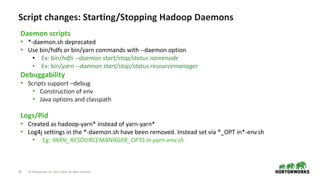 19 © Hortonworks Inc. 2011–2018. All rights reserved
Script changes: Starting/Stopping Hadoop Daemons
Daemon scripts
• *-d...