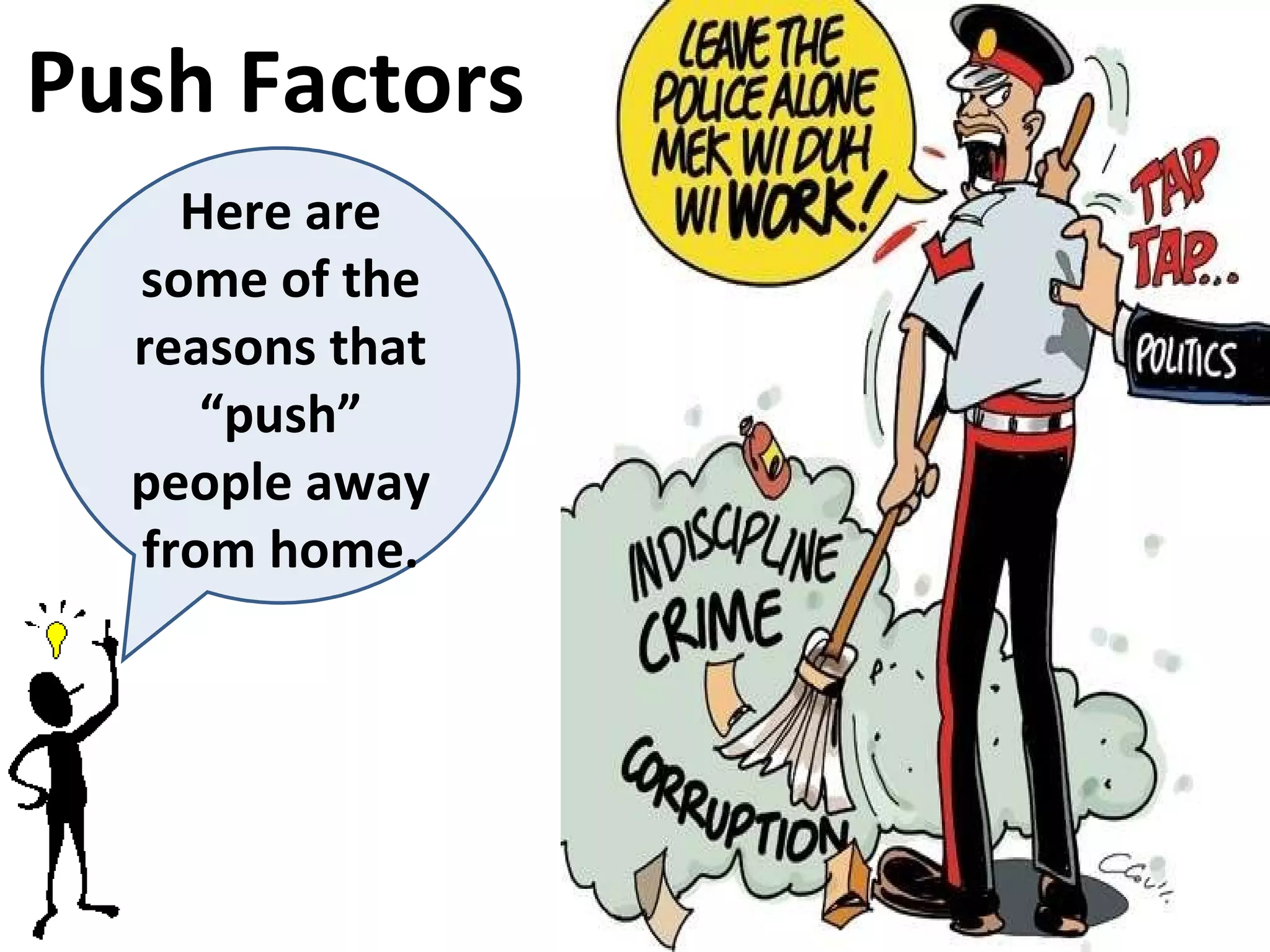 Push Factors Here are some of the reasons that “push” people away from home. 
