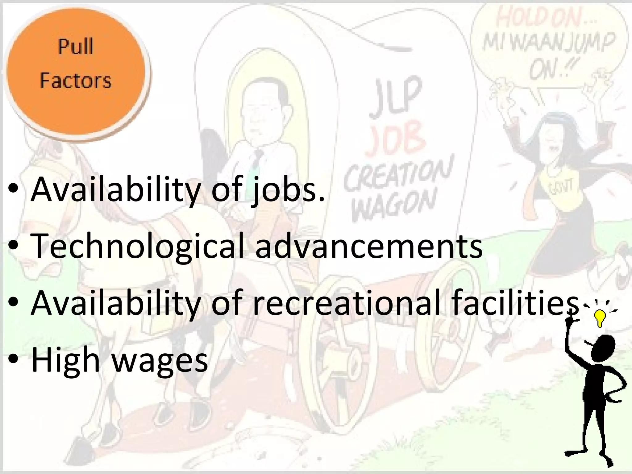 Availability of jobs. Technological advancements Availability of recreational facilities  High wages 