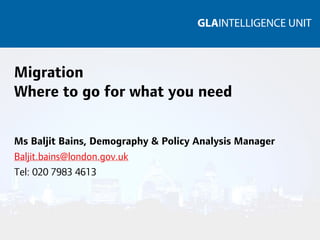 Migration
Where to go for what you need

Ms Baljit Bains, Demography & Policy Analysis Manager
Baljit.bains@london.gov.uk
Tel: 020 7983 4613
 